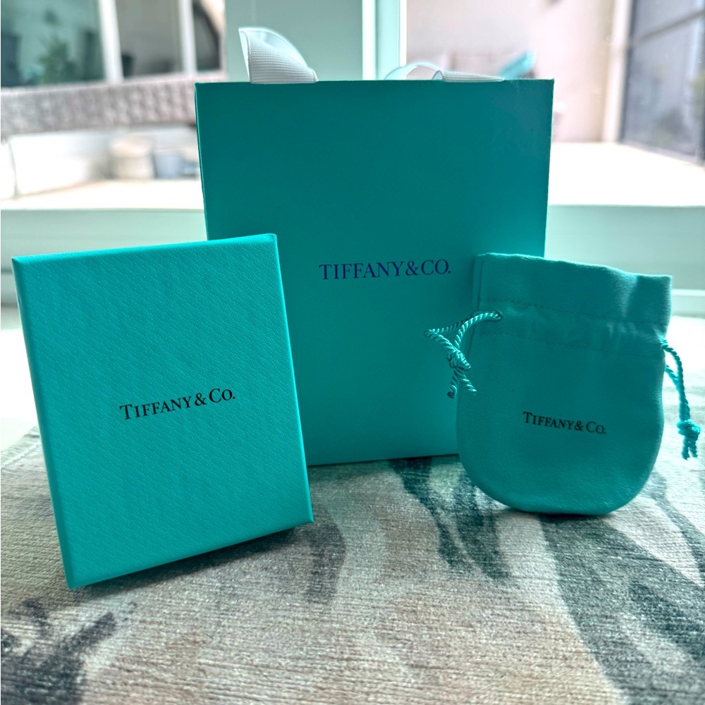Authentic Tiffany & Co. gift bag, dust bag and gift box.